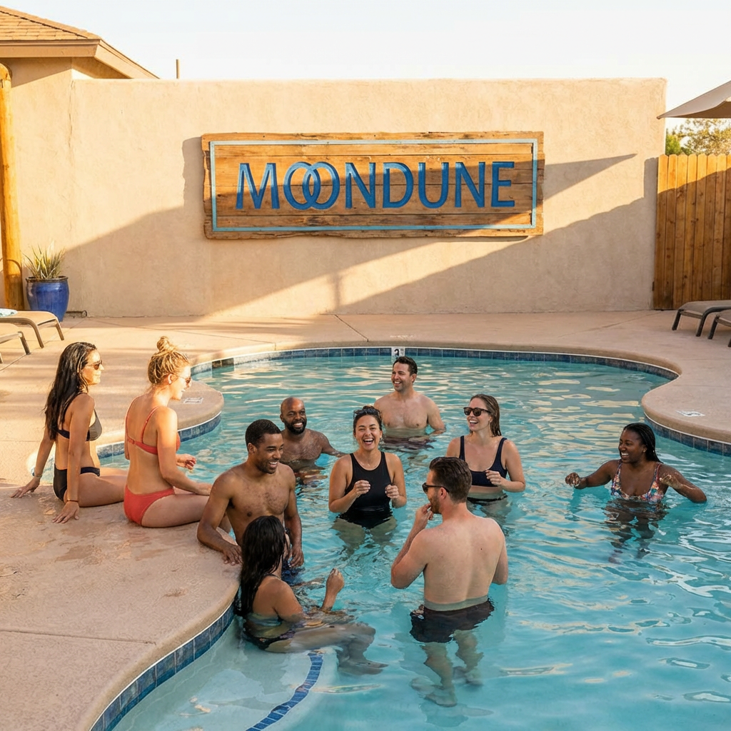 Diverse group of people socializes in a swimming pool under a sign reading MOONDUNE.
